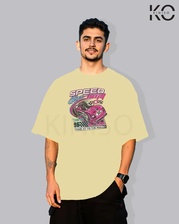 Image of Off White color drop shoulder t-shirt with Best Speed Race Print for men at reasonable price